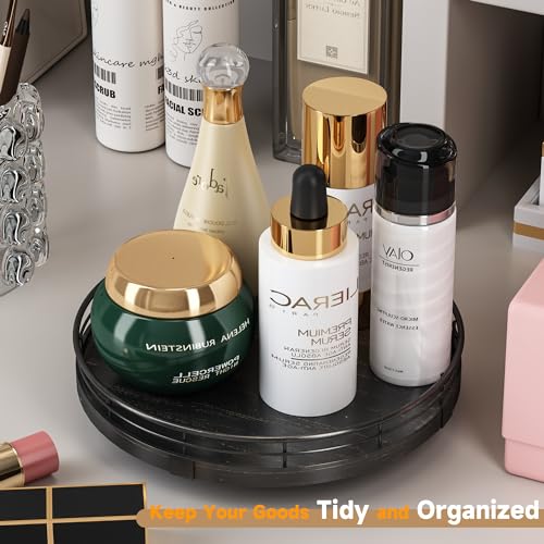 9" Oak Bathroom Vanity Tray Turntable for Perfume Candle, Round Wooden Decorative Tray for Kitchen Sink Countertop Organizer, Bathroom Counter Organizer for Skincare Makeup, Farmhouse Black Gold - color: Black, size: 9 inches
