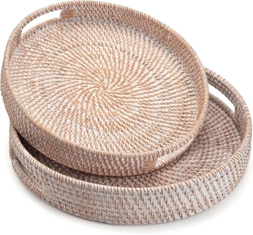 2 Pack Round Rattan Tray, Hand Woven Serving Tray with Handles, Wicker Serving Basket, Decorative Tray for Home Decor, Whitewash (11.8 + 14 inch) - color: Whitewash, size: 11.8" + 14"