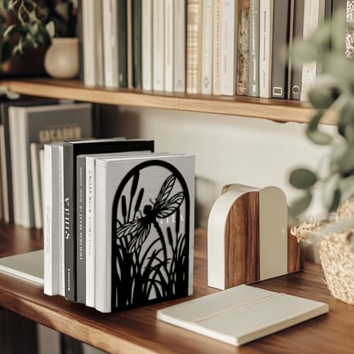 Peacoblue Metal Bookends for Shelves, Modern Decorative Heavy Duty Study Book Support Stoppers for Office, Desk, Shelf, Room 5.3"x4.3"x7.9" Cast Iron Simple Tall Bookends, 1 Pair (Dragonfly) - style: Dragonfly