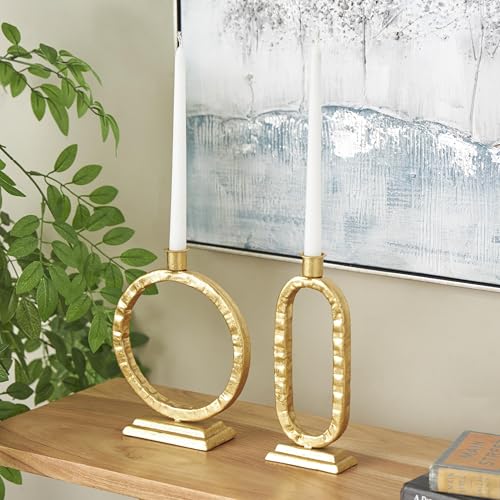 Deco 79 Metal Decorative Candle Holder Tapered Candle Stand with Rectangle Base, Set of 2 Candlestick Holder 10",9" H, Gold - color: Gold, size: 10",9"H