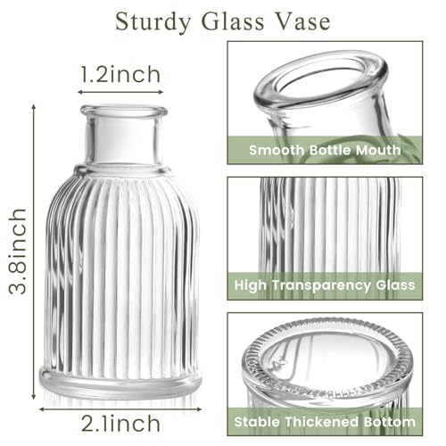 DomeStar 16PCS Glass Bud Vases for Flowers, 3.8inch Small Flower Vase in Bulk Clear Mini Ribbed Vases for Centerpieces Suitable for Modern Wedding Reception Baby Shower Table Decorations