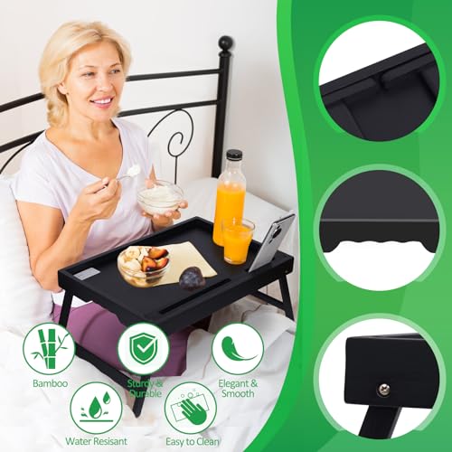 Artmeer Bed Tray Table with Folding Legs, Bamboo Breakfast Food Tray with Media Slot, Use As Platter, Laptop Desk, Snack, TV Tray Kitchen Serving Tray (Black Extra-Large Size) - color: Black, size: X-Large