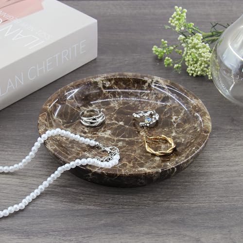Small Natural Marble Jewelry Tray Key Plate Holder Dish Trinket Decor Catch All Bowl for Ring Earring Stone Gift for Women Daugther,Dark Brown,5.5" - color: Dark Brown