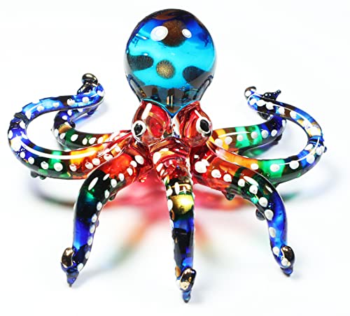 WitnyStore 3" White Dot Multicolor Octopus Artistic Blown Glass Figurine Premium Hand-Blown Statue Tabletop Decoration Unique Collectible for Adult Collectors Handcrafted Elegant Home Room Decor