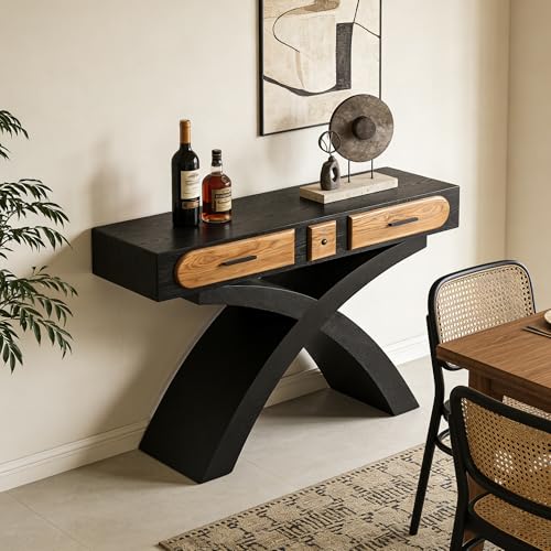 WILLIAMSPACE 47.24" Rectangular Console Table with Cross Leg & 2 Drawers, Mid Century Modern Wooden Entryway Sofa Table Hallway Table for Living Room, Foyer - Black - color: 47.24" Rectangular Console Table With Cross Leg,black