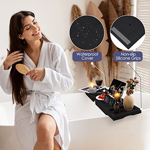 Foldable Bathtub Caddy Tray, Bamboo Bath Tub Tray Table for Tub with Wine Glass Holder Book Phone Tablet Holder with Extending Sides, Adjustable Bathroom Bathtub Free Soap Holder Gift Idea (Black) - color: Black