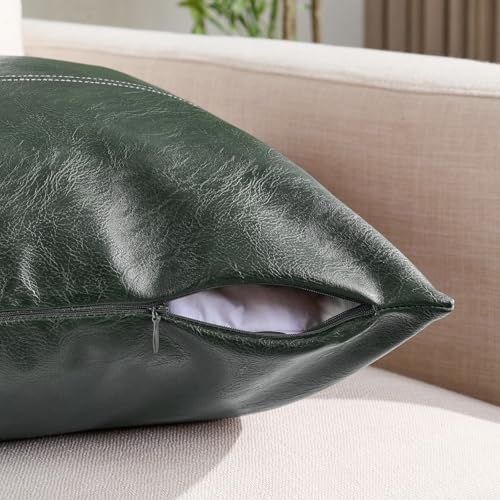 Fancy Homi 2 Packs Olive Green Faux Leather Decorative Throw Pillow Covers 18x18 Inch for Couch Bed Sofa, Modern Farmhouse Boho Home Decor, Dark Green Hand Stitched Accent Square Cushion Case 45x45 cm - color: Dark Green, size: 18" x 18" (Pack of 2)