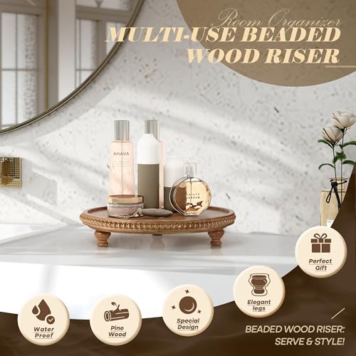 EOSAHR Round Pine Wooden Display Riser - Beaded Wood Riser for Plant, Sponge Holder & Perfume Organizer - Rustic Display Stand Kitchen Counter Organizer, Boho Chic Home Decor for Living Room(Brown) - color: Brown