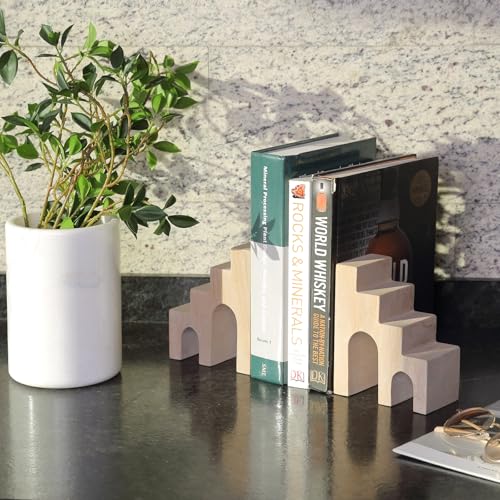 Natural Marble Book Ends for Shelves, Decorative Stone Bookends for Heavy Books, Aesthetic Castle Book Holder/Stopper for Chic Home, Office, or Library Decor, Ideal for Any Bookshelf, Set of 2 - color: Huang Sandstone