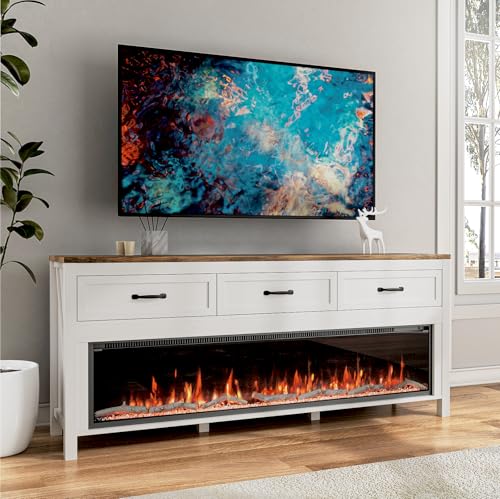 BVIUNTWO Modern Fireplace TV Stand for Up to 75 Inch TV, Entertainment Center with 60" Electric Fireplace for 65 75 Inch TV, 65" TV Stand with Storage Cabinet Drawer for Living Room (Off White) - size: 65 Inch