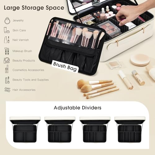 Faquenc Leather Makeup Case with LED Lighted Mirror 11.4 Inch Travel Makeup Bag Adjustable Brightness in 3 Colors Cosmetic Organizer Artist Storage Bag with Dividers Brush Holder Bag Vanity White - color: 11.4 Inch White, size: 2-Medium