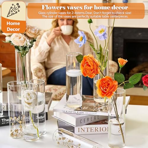 16Pcs Glass Cylinder Bud Vases for Centerpieces,7.7 In Tall Clear Flower Vases in Bulk,Glass Small Vases Floating Candle Holder for Party,Home Decor,Wedding Decoration,Birthday,Anniversary,Baby Shower