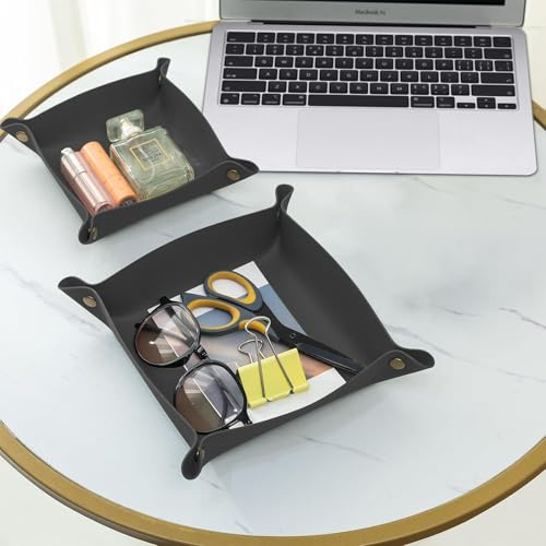 2 Pack (Size:9.84"&7.87") PU Leather Jewelry Valet Tray,Portable Entryway Table Nightstand Desk Tray Catchall Travel Plate Organizer for Phone, Keys, Wallet, Watch,Coin (Black) - color: Black