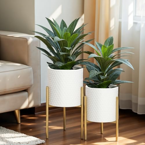 LuxenHome Planters for Indoor Plants, Set of 2 Indoor Plant Pots, White Planter with Gold Metal Stand, Luxury Flower Pots for Plants, Large Floor Plant Pot, NOT Waterproof - color: B White 9.9"+8.3"