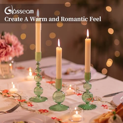 Glasseam Green Glass Candle Holder: Set of 3 Candle Stick Holders for Taper Candlesticks Modern Candle Holders for Candlesticks Unique Tapered Candlestick Holders for Table Centerpiece Home Decor Gift - color: Green