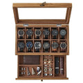 SONGMICS 12-Slot Watch Box, 2-Tier Watch Display Case with Large Glass Lid, Removable Watch Pillows, Velvet Lining, Jewelry Box, Gift Idea, Rustic Walnut UJOW012K01 - color: Rustic Walnut, size: 2 Layer 12 Slot