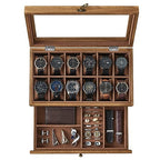 SONGMICS 12-Slot Watch Box, 2-Tier Watch Display Case with Large Glass Lid, Removable Watch Pillows, Velvet Lining, Jewelry Box, Gift Idea, Rustic Walnut UJOW012K01 - color: Rustic Walnut, size: 2 Layer 12 Slot