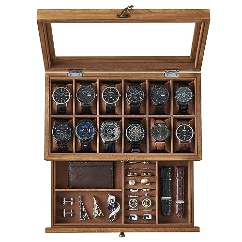 SONGMICS 12-Slot Watch Box, 2-Tier Watch Display Case with Large Glass Lid, Removable Watch Pillows, Velvet Lining, Jewelry Box, Gift Idea, Rustic Walnut UJOW012K01 - color: Rustic Walnut, size: 2 Layer 12 Slot