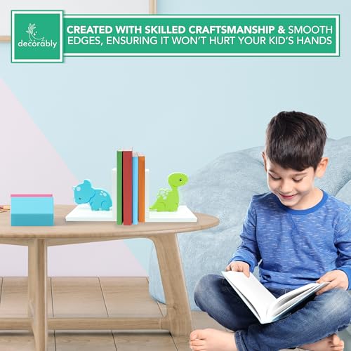 Decorably Dinosaur Book Ends for Shelves - 2-Piece Non-Skid Wooden Decorative Kids Bookends for Boys and Girls Room, Baby's Nursery, Classroom Decor - style: Baby Blue & Green
