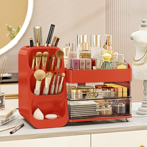 Booklov Makeup Organizer for Vanity, Large Capacity Cosmetic Display Case with Clear Acrylic Drawers, Countertop Beauty Storage Holder for Skincare, Brush Eyeshadow Lipstick, Counter Desk, Crystal Red - color: Crystal Red, size: L01