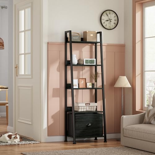 Furologee 5-Tier Ladder Shelf, Narrow Ladder Bookshelf with Drawer, 55.6”Tall Industrial Bookcase Storage Rack Organizer, Freestanding Storage Shelve for Living Room, Home Office, Bedroom, Black Oak - color: Black Oak, size: 5-Tier, 15" W