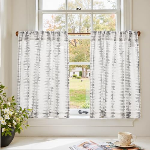 jinchan Boho Kitchen Curtains for Windows Light Filtering Poly Linen Cafe Curtains 24 Inch Rod Pocket - Mudcloth Print 2 Panels Farmhouse Window Treatments for Bathroom Laundry RV Grey on Linen - color: Tribal | Grey on Linen, size: 26"W x 24"L (Pack of 2