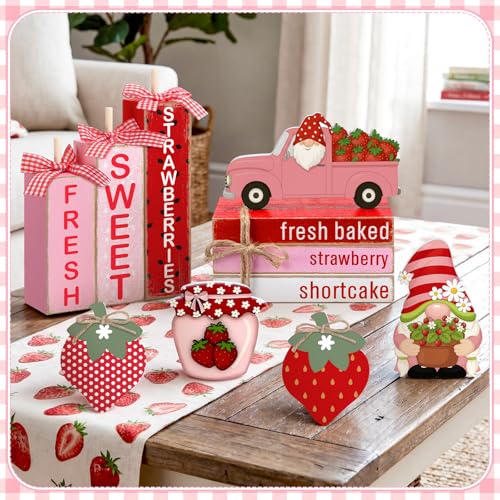 Vercraft 11 Pcs Strawberry Table Decorations Set Strawberry Tiered Tray Decor Spring Summer Wooden Top Farmhouse Rustic Wooden Coffee Table Centerpieces for Home Kitchen Office Decorations - style: Strawberry