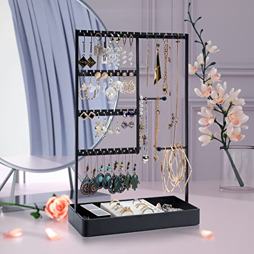Jewelry Organizer, 4-Tier Earring Holder Organizer with Metal Tray, Jewelry Holder Stand for Necklaces Stud Earrings Bracelets and Rings, Earring Organizer - color: Black
