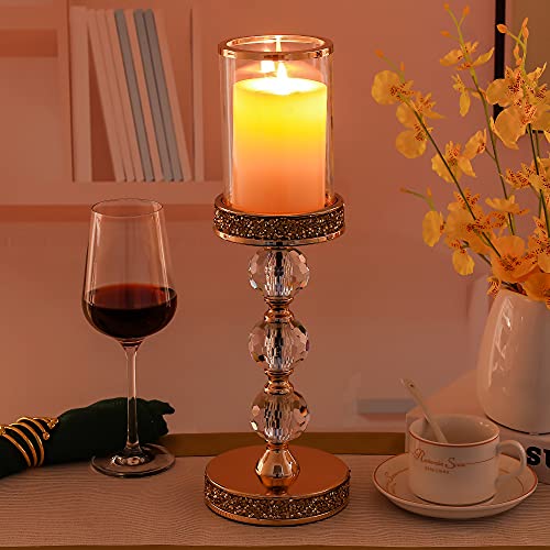 Hurricane Glass Candle Holders, Gold Pillar Candle Holders for Pillar Candle, Magnetic Glass Cover, Crystal Candlesticks Holder for Dining Coffee Table, Wedding,Events,Parties, Home Decor - size: 3 crystal balls