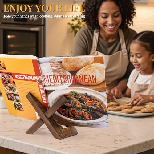 PUERSI Cookbook Stand for Kitchen, Recipe Book Holder for Kitchen Counter, Wooden Cookbook Holder, Rustic Cook Book Holder Stand - Rustic Brown - color: Brown