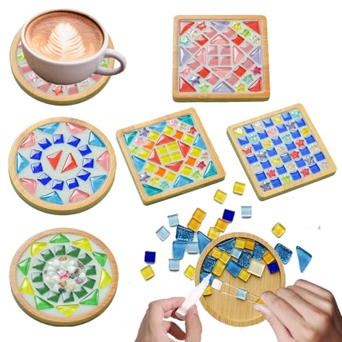 6 Sets DlY Mosaic Tiles for Crafts,Mixed Color Glass Mosaic Kits with Wooden Coaster for Adults,DlY Coasters Kit Mosaic Supplies for Handmade Home Decoration Gift (Square and Round) - style: Style 1