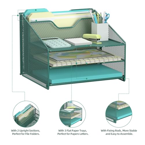 Samstar Green Desk File Organizer, Mesh Letter File Folder Holder with 3 Paper Trays and 2 Vertical Upright Section, for Office Supplies, Desk Accessories & Workspace, Green - color: Green