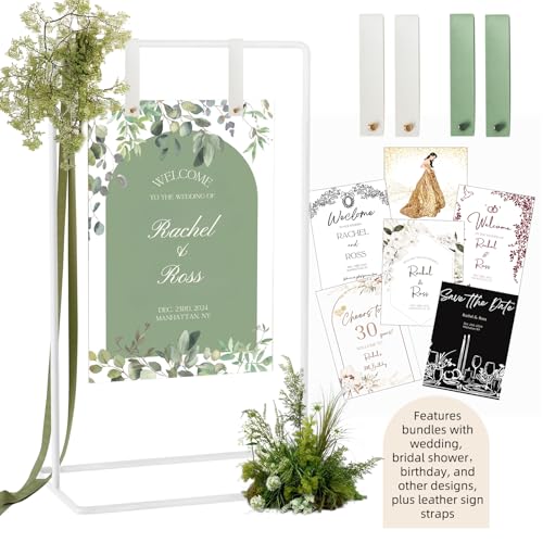 Wedding Sign Holder, Adjustable Welcome to Our Wedding Sign Stand W/Design Bundle & Leather Sign Hanging Straps, Heavy Duty Easel Stand for Sign, Wedding Seating Chart Stand, Easel for Display (White) - color: White
