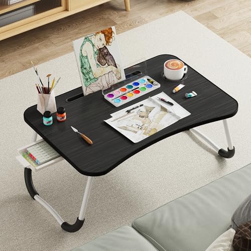 Lap Desk Bed Trays for Eating and Laptops Breakfast in Bed Tray for Sofa/Couch/Study/Reading/Writing with Cup Holder/Drawer On Low Sitting Floor Large Portable Foldable (Black) - color: Black