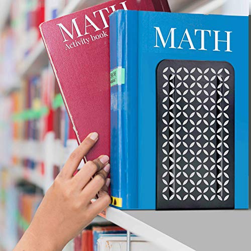 Acrimet Metal Bookends, Non-Skid Book Stand for Shelves, Heavy Duty Book Stopper, 6-7/8" H x 4" W x 4-1/2“ D, (Black Bookends with Silver Design), 1 Pair - color: Black Bookend With Silver Design, size: 10 cm X 11,5 cm X 17,5 cm