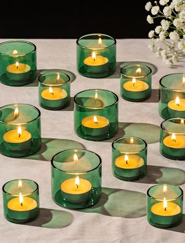 Romadedi Glass Tealight Candle Holder - Green Votive Holders Bulk 24 Sage Tea Light Table Centerpieces for Party Wedding Birthday Baby Shower Christmas Decor - color: Green, size: S-12pcs+L12pcs
