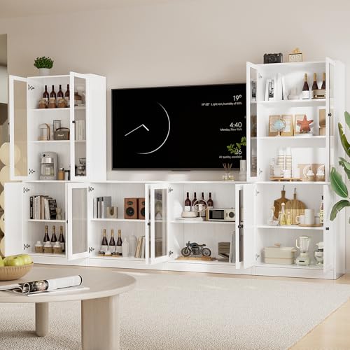 TUSY 71" TV Stand Storage Set - 2 Tall Bookcases & 2 Side Cabinets, Media Console with Glass & Wood Doors, Entertainment Center with Drawers, Tall Media Console for Living Room (White, ADDA) - color: White