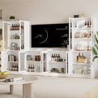 TUSY 71" TV Stand Storage Set - 2 Tall Bookcases & 2 Side Cabinets, Media Console with Glass & Wood Doors, Entertainment Center with Drawers, Tall Media Console for Living Room (White, ADDA) - color: White