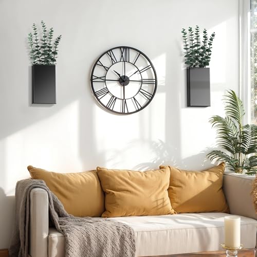 2 Pack Metal Wall Planter Vases Decor with Artificial Eucalyptus, Modern Farmhouse Rustic Hanging Pocket Planters for Indoor Greenery and Flowers, Living Room Bedroom Kitchen Decoration, Black - color: Black