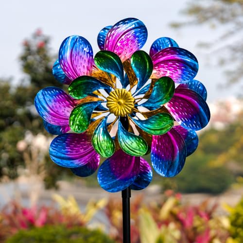 Metal Wind Spinners Outdoor,13'' Dia Purple Garden Wind Spinner & Sculpture,Waterproof Garden Windmill for Yard Art Decorations - size: 13'' Purple