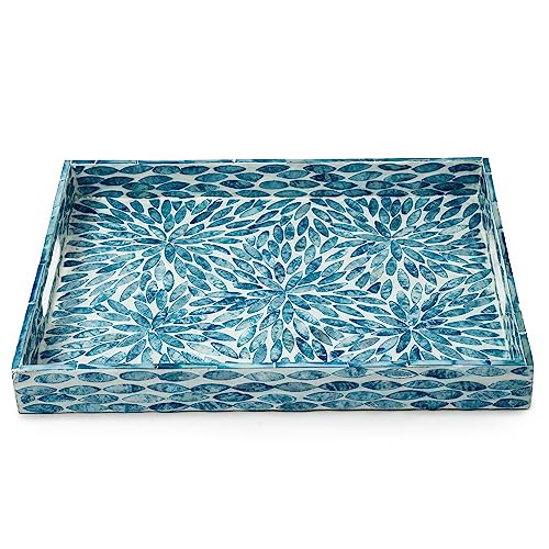 CLAYNIX Serving Tray 15.7" X11.8", Lacquer Mother of Pearl Inlay Mosaic Tray, Rectangle Wooden Marble Tray with Handles Trays for Tea, Breakfast in Bed, Table (Flower Style) - color: Flower Style