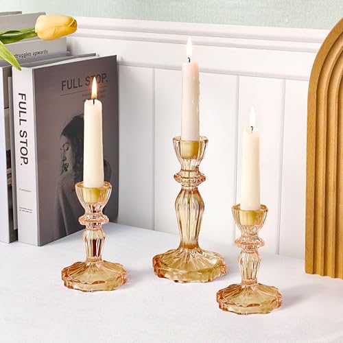 Glass Candlestick Holders Set of 3, Amber Stripe Taper Candle Holders for Table Centerpiece, Home Decorations, Wedding and Party - color: Amber