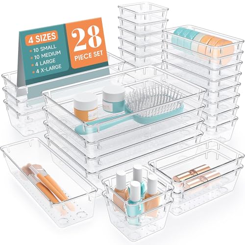 StorMiracle 28 PCS Clear Plastic Drawer Organizers Set, 4 Size Desk Drawer Organizer Trays for Makeup, Jewelry, Kitchen Utensils, Gadgets and Office Accessories - color: Clear, size: 28 PCS