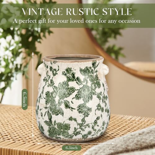 Ceramic Green Scroll Planter 6.5 Inch Chinoiserie Floral Vase with Drainage Holes Vintage Flower Vase Flower Pot Rustic Ceramic Pots for Indoor Plants Flowers Garden Home Bookshelf Decor - style: Green Floral