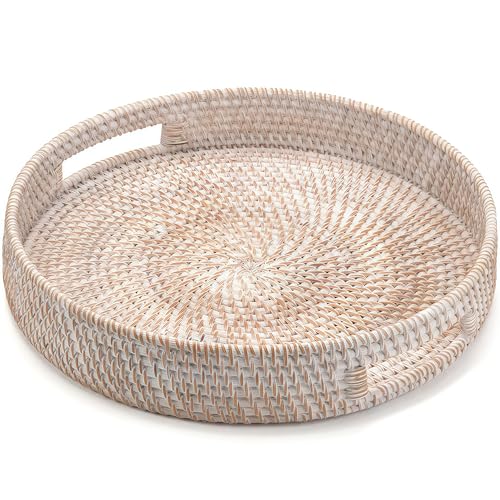 11.8" Round Rattan Tray, Hand Woven Serving Tray with Handles, Wicker Serving Basket, Decorative Tray for Home Decor, Whitewash - color: Whitewash, size: 11.8"