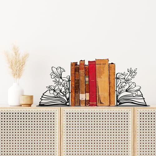 Metal Flower & Book Design Decorative Bookends – Cute Bookends for Shelves, Reading Room Decor for Book Lovers