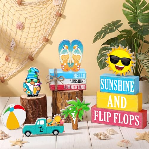 Vercraft 11 Pcs Summer Decorations Set Sunshine Tiered Tray Decor Hello Sweet Summer Wooden Blocks Flip Flops Coconut Tree Centerpiece for Home Office Decorations - style: Hawaiian