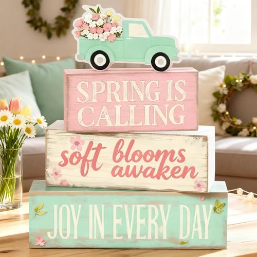 Spring Decoration Wooden Tiered Tray Decor – Floral Spring Pickup Truck Stacked Block Sign with Blooming Flower Topper – Farmhouse Tabletop Spring Decor for Shelf Mantel Seasonal Home Display - style: Spring Truck
