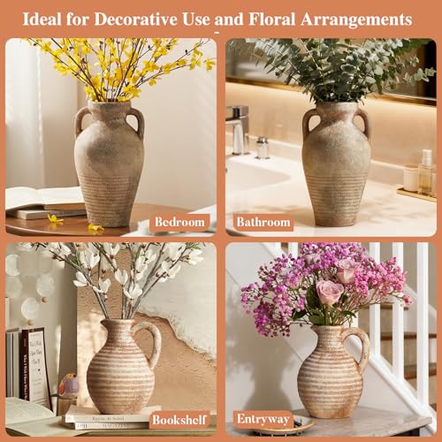 Ceramic Flower Vase Rustic Terracotta Vase with Handles Neutral Clay Pitcher Antique Vase for Home Decor,8 Inch Farmhouse Boho Vases for Living Room,Dining Table,Enterway,Shelf,Fireplace - size: 8''