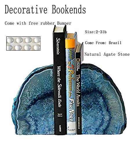 JIC Gem Dyed Blue Agate Bookends Geode Decorative Book Ends for Heavy Books with Rubber Bumpers for Office and Home Decoration Polished Small Size 2 to 3 Lbs - color: Blue Dyed, size: 2-3LBS.